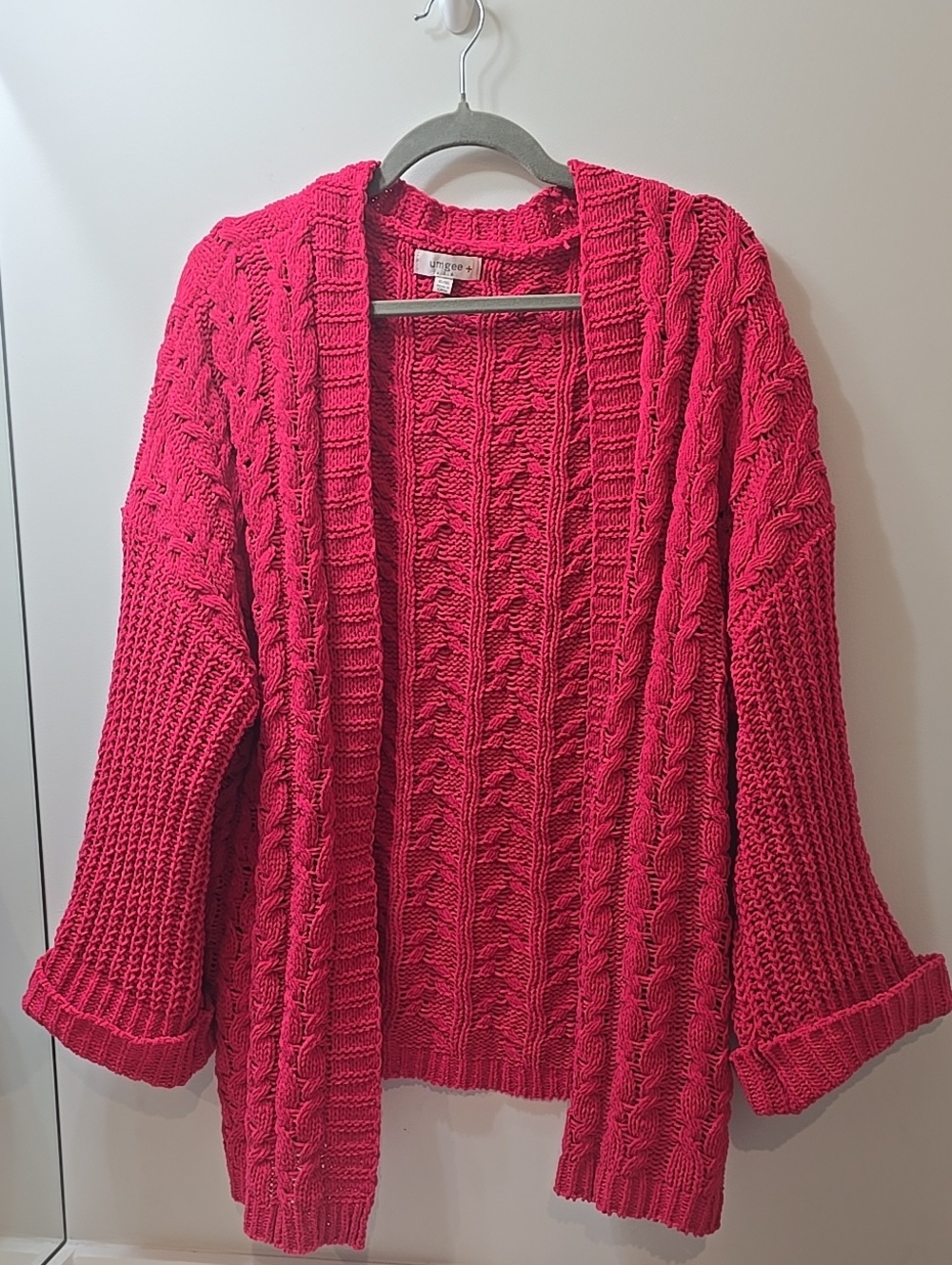 XL/1X Umgee Bright Pink Cable Knit Open Cardigan